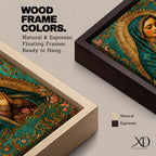 A vintage-style framed canvas depicting Our Lady of Guadalupe with her hands clasped in prayer, wearing a teal mantle adorned with stars and a golden halo radiating behind her. The artwork features intricate floral patterns surrounding the figure, emphasizing traditional Mexican Catholic iconography.