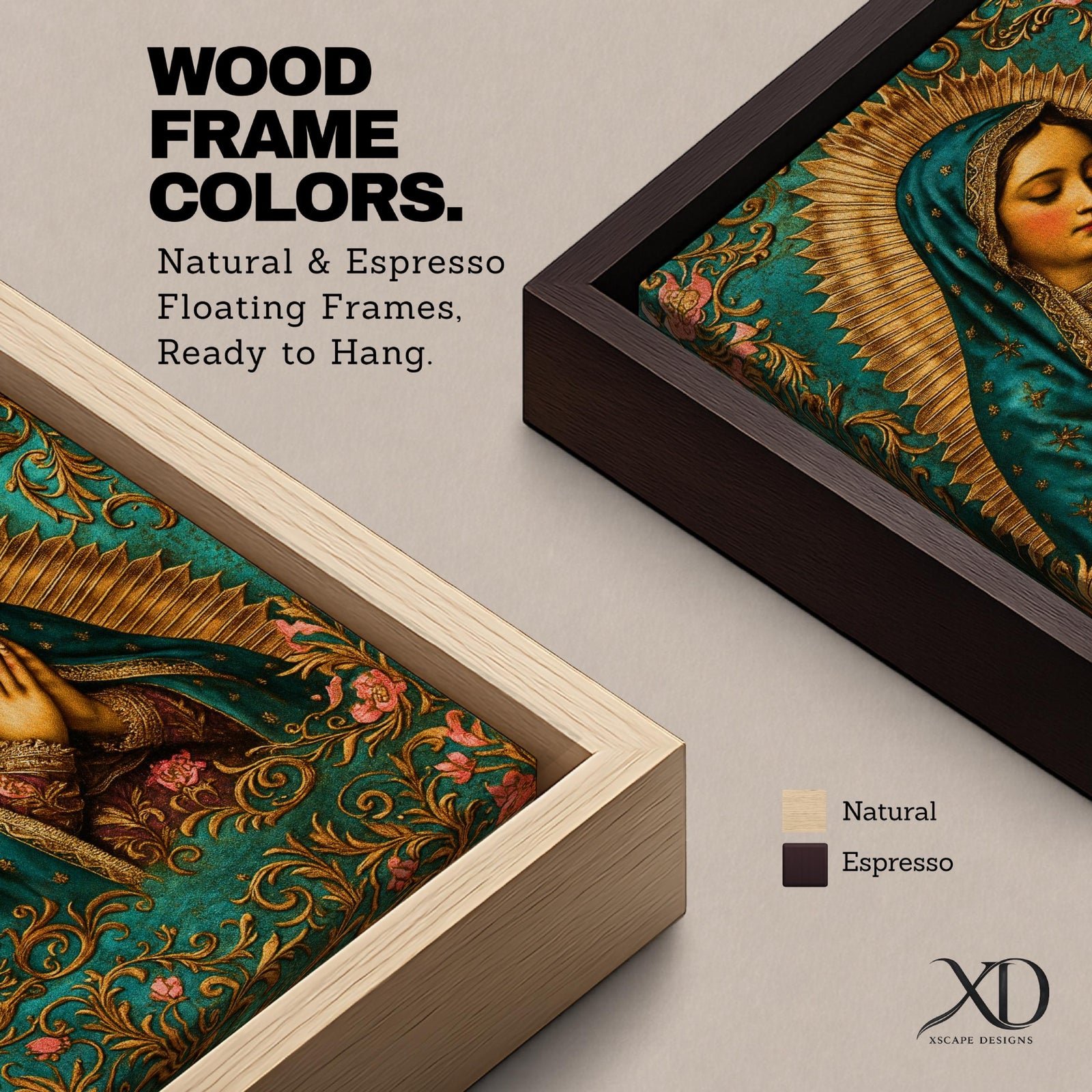 A vintage-style framed canvas depicting Our Lady of Guadalupe with her hands clasped in prayer, wearing a teal mantle adorned with stars and a golden halo radiating behind her. The artwork features intricate floral patterns surrounding the figure, emphasizing traditional Mexican Catholic iconography.