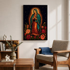 A detailed framed canvas wall art depicting Our Lady of Guadalupe standing with hands clasped in prayer, surrounded by radiant golden rays and vibrant floral arrangements, rendered in a classic Catholic style with rich symbolic elements and a dark starry background.