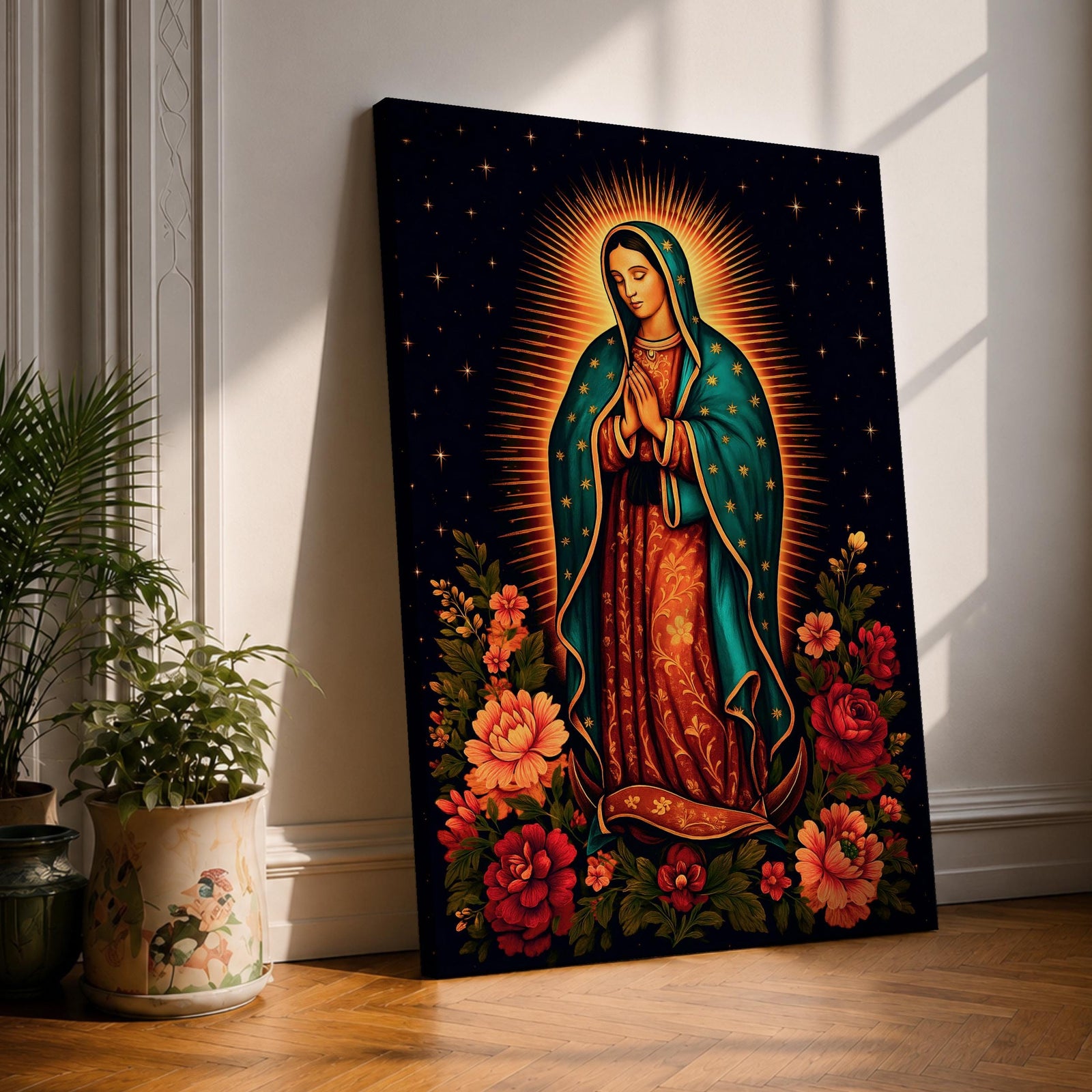 A detailed framed canvas wall art depicting Our Lady of Guadalupe standing with hands clasped in prayer, surrounded by radiant golden rays and vibrant floral arrangements, rendered in a classic Catholic style with rich symbolic elements and a dark starry background.