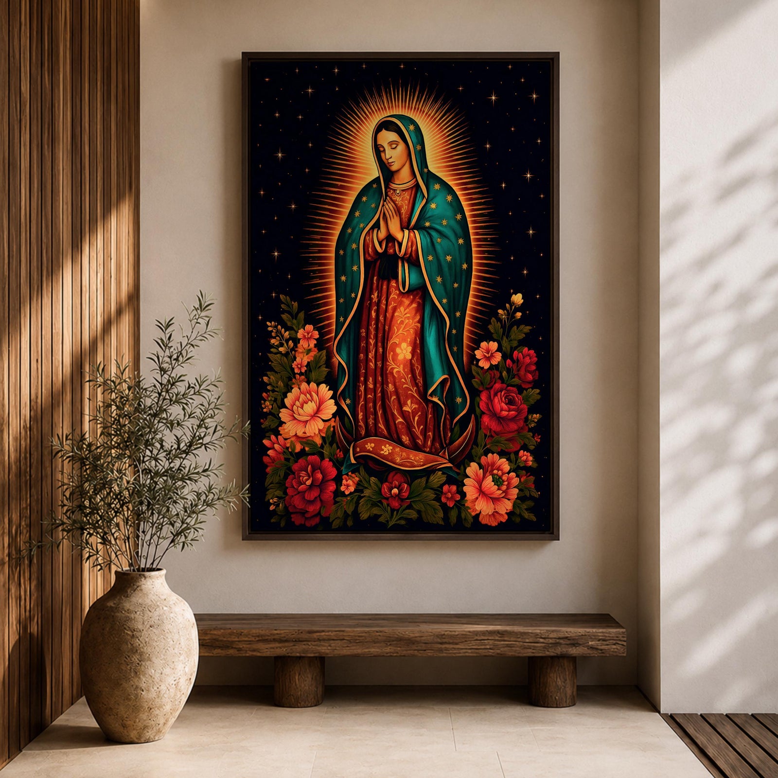 A detailed framed canvas wall art depicting Our Lady of Guadalupe standing with hands clasped in prayer, surrounded by radiant golden rays and vibrant floral arrangements, rendered in a classic Catholic style with rich symbolic elements and a dark starry background.