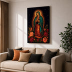 A detailed framed canvas wall art depicting Our Lady of Guadalupe standing with hands clasped in prayer, surrounded by radiant golden rays and vibrant floral arrangements, rendered in a classic Catholic style with rich symbolic elements and a dark starry background.