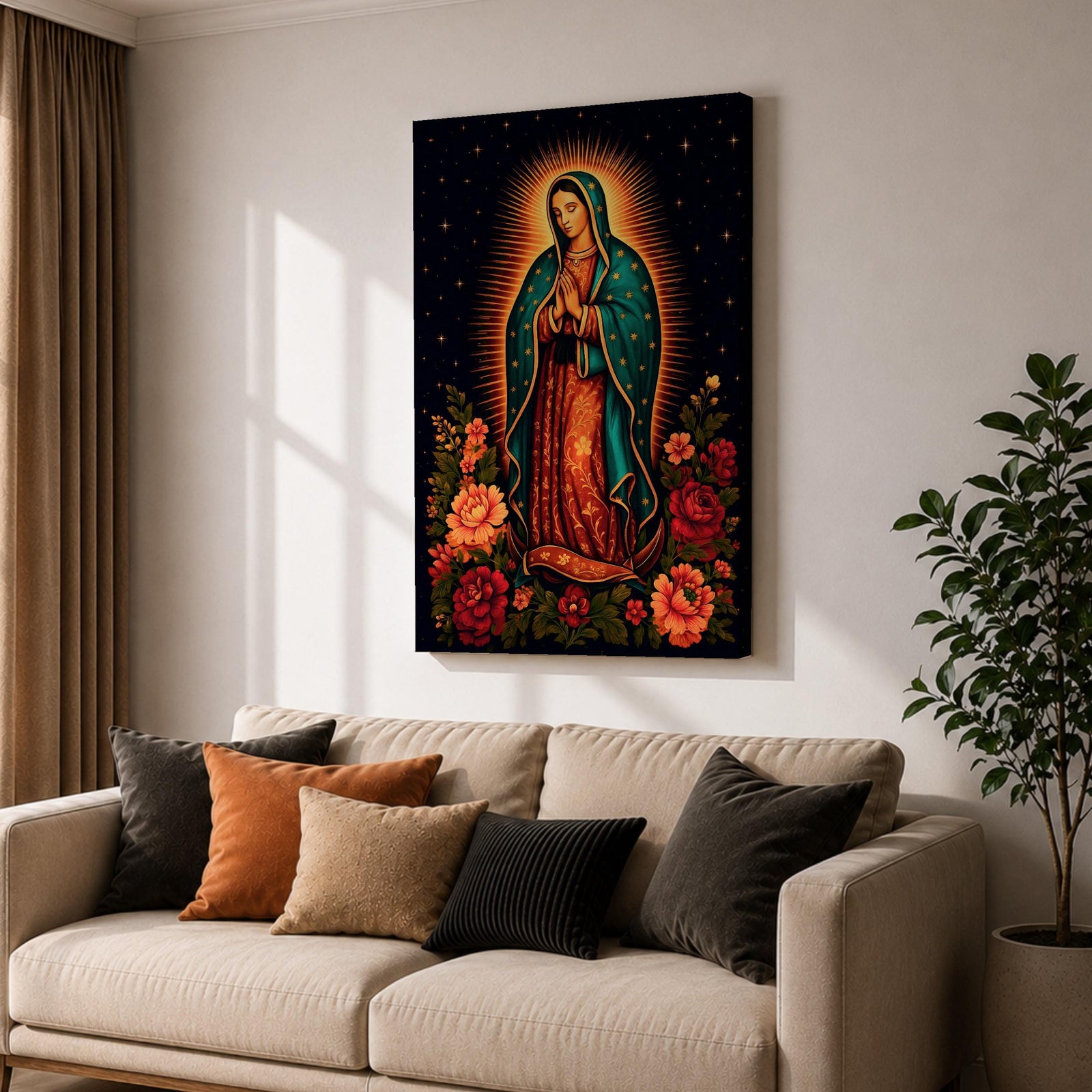 A detailed framed canvas wall art depicting Our Lady of Guadalupe standing with hands clasped in prayer, surrounded by radiant golden rays and vibrant floral arrangements, rendered in a classic Catholic style with rich symbolic elements and a dark starry background.