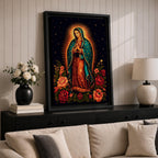A detailed framed canvas wall art depicting Our Lady of Guadalupe standing with hands clasped in prayer, surrounded by radiant golden rays and vibrant floral arrangements, rendered in a classic Catholic style with rich symbolic elements and a dark starry background.