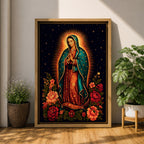 A detailed framed canvas wall art depicting Our Lady of Guadalupe standing with hands clasped in prayer, surrounded by radiant golden rays and vibrant floral arrangements, rendered in a classic Catholic style with rich symbolic elements and a dark starry background.