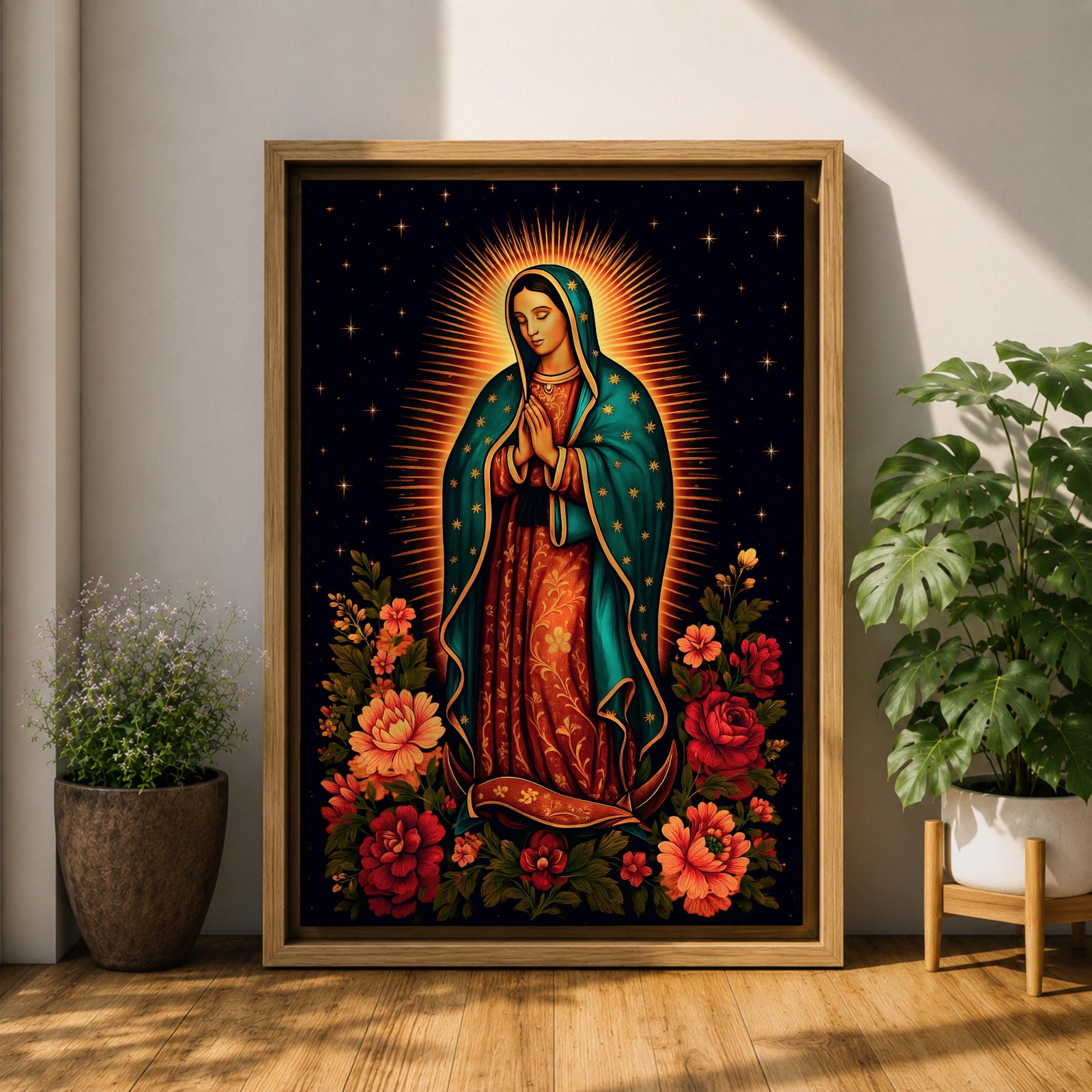 A detailed framed canvas wall art depicting Our Lady of Guadalupe standing with hands clasped in prayer, surrounded by radiant golden rays and vibrant floral arrangements, rendered in a classic Catholic style with rich symbolic elements and a dark starry background.