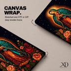A detailed framed canvas wall art depicting Our Lady of Guadalupe standing with hands clasped in prayer, surrounded by radiant golden rays and vibrant floral arrangements, rendered in a classic Catholic style with rich symbolic elements and a dark starry background.