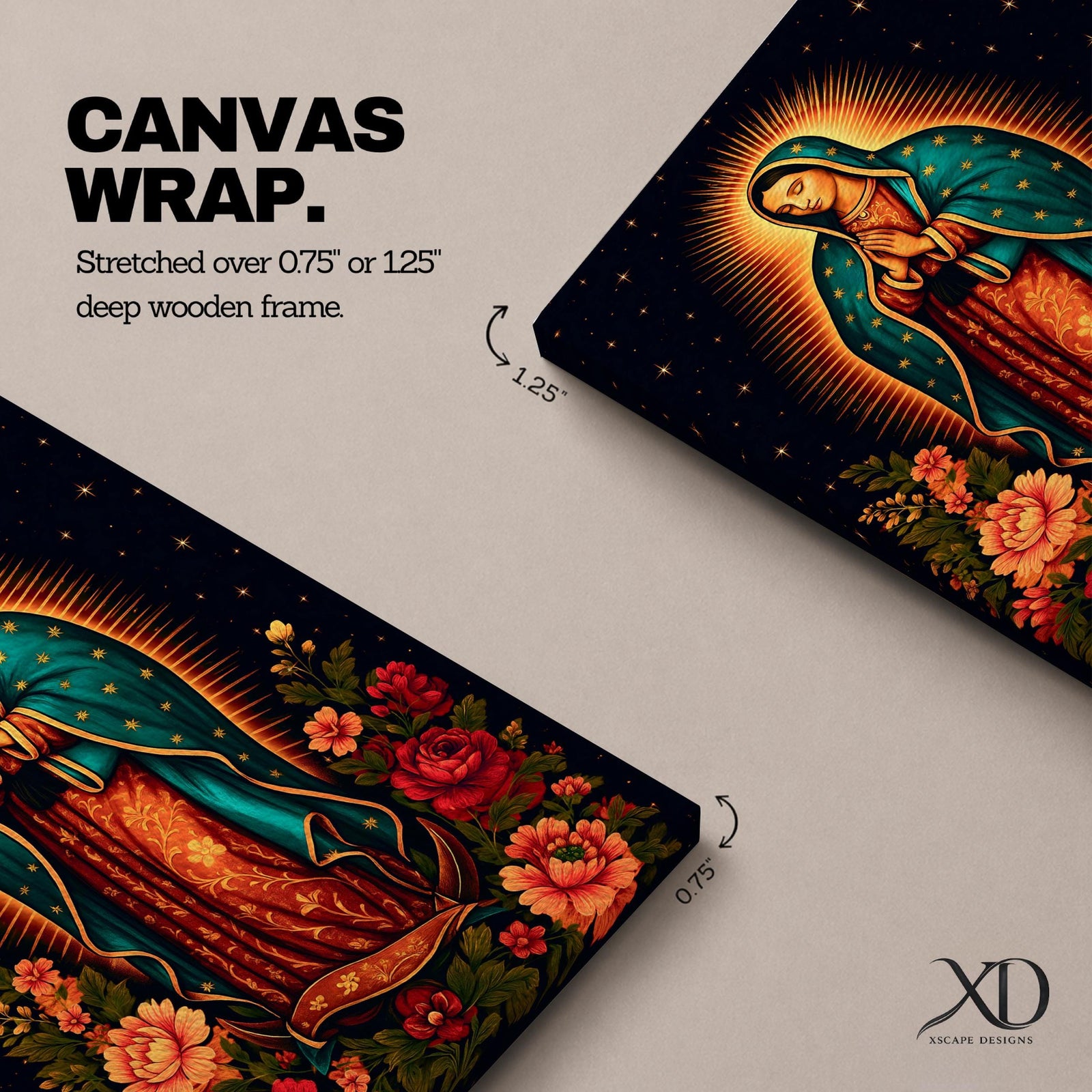 A detailed framed canvas wall art depicting Our Lady of Guadalupe standing with hands clasped in prayer, surrounded by radiant golden rays and vibrant floral arrangements, rendered in a classic Catholic style with rich symbolic elements and a dark starry background.