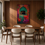 Boho-style artwork of the Kaaba at Masjid al-Haram framed by a decorative Islamic archway with vibrant flowers and rich jewel-toned colors.