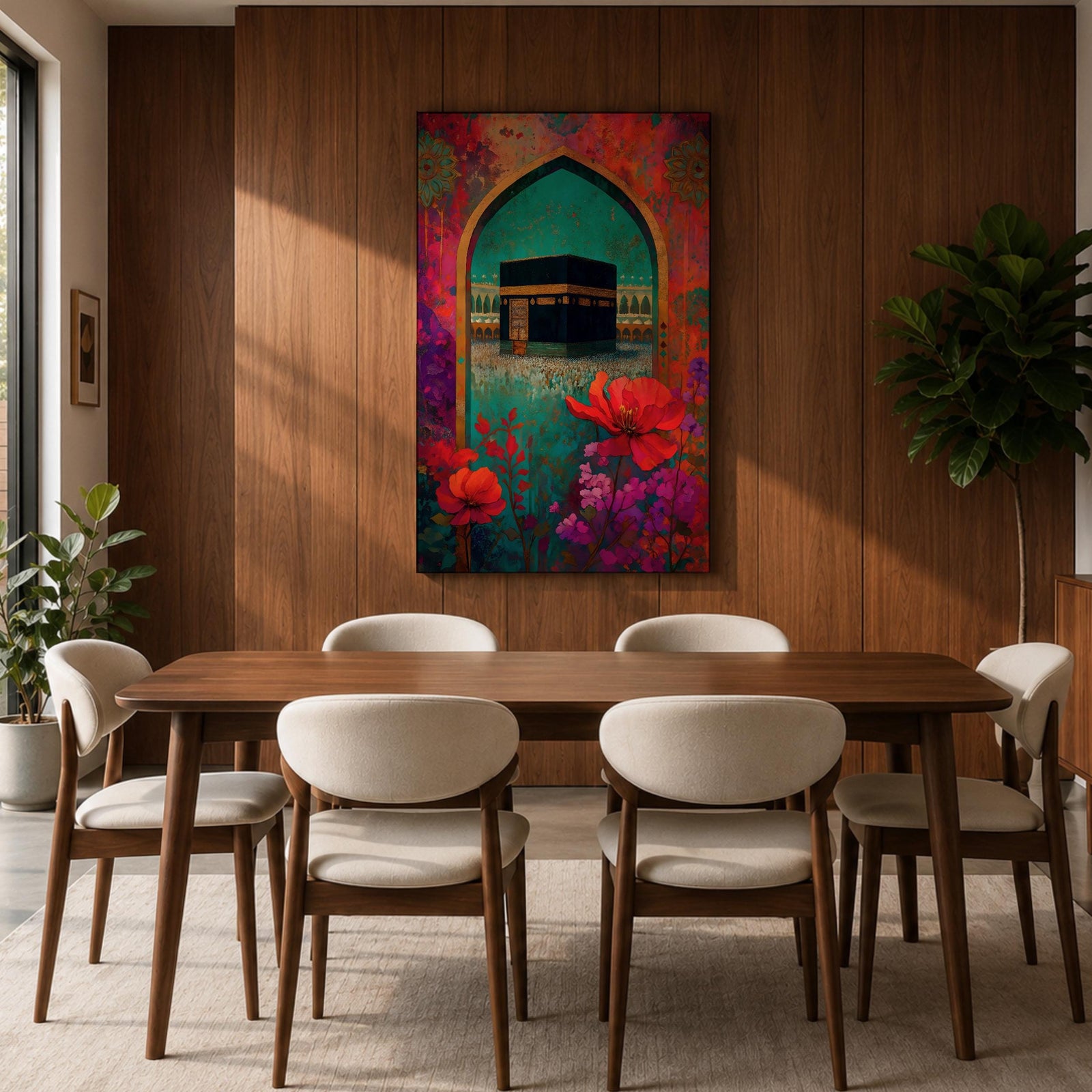 Boho-style artwork of the Kaaba at Masjid al-Haram framed by a decorative Islamic archway with vibrant flowers and rich jewel-toned colors.
