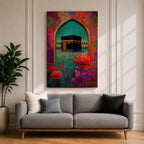 Boho-style artwork of the Kaaba at Masjid al-Haram framed by a decorative Islamic archway with vibrant flowers and rich jewel-toned colors.
