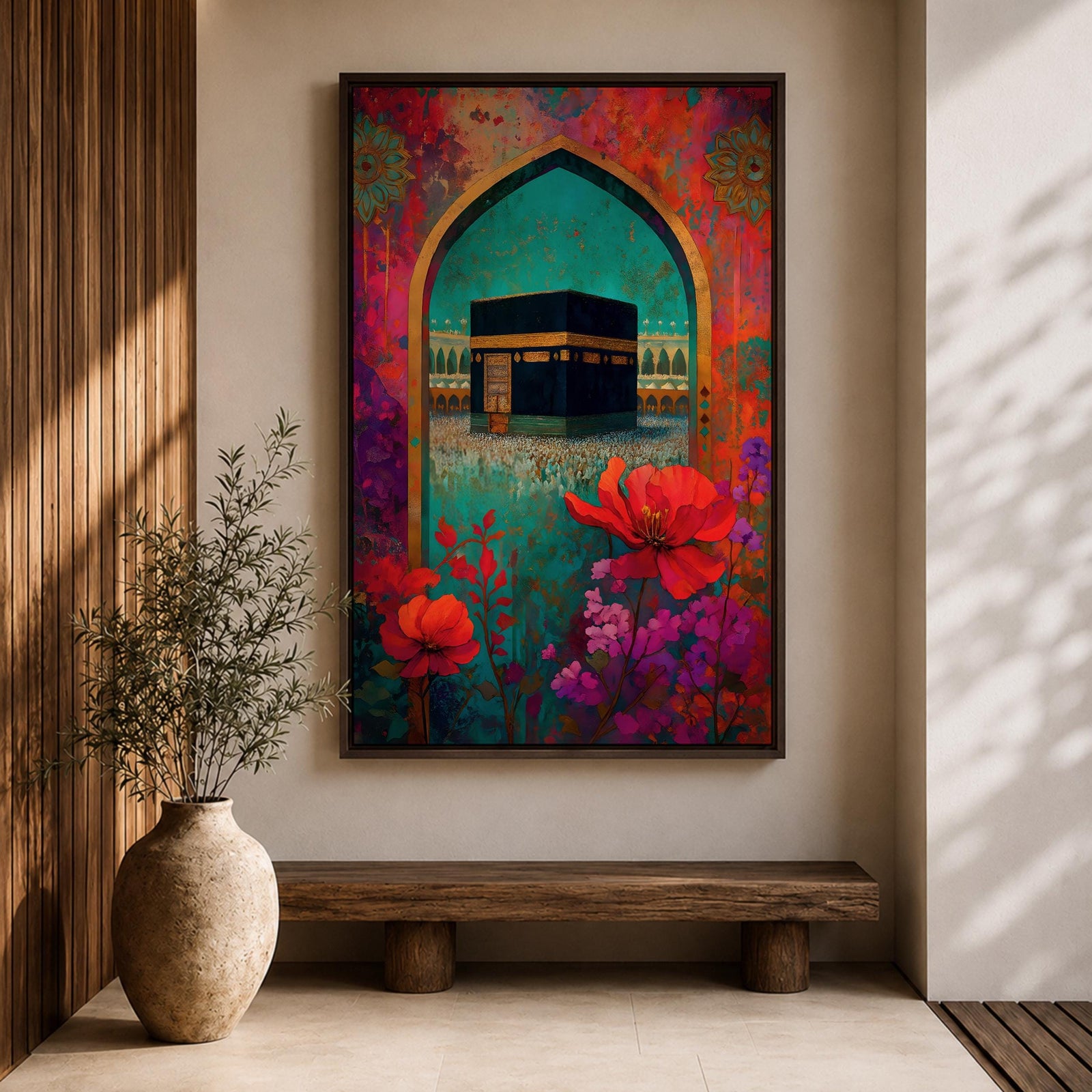 Boho-style artwork of the Kaaba at Masjid al-Haram framed by a decorative Islamic archway with vibrant flowers and rich jewel-toned colors.