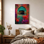 Boho-style artwork of the Kaaba at Masjid al-Haram framed by a decorative Islamic archway with vibrant flowers and rich jewel-toned colors.