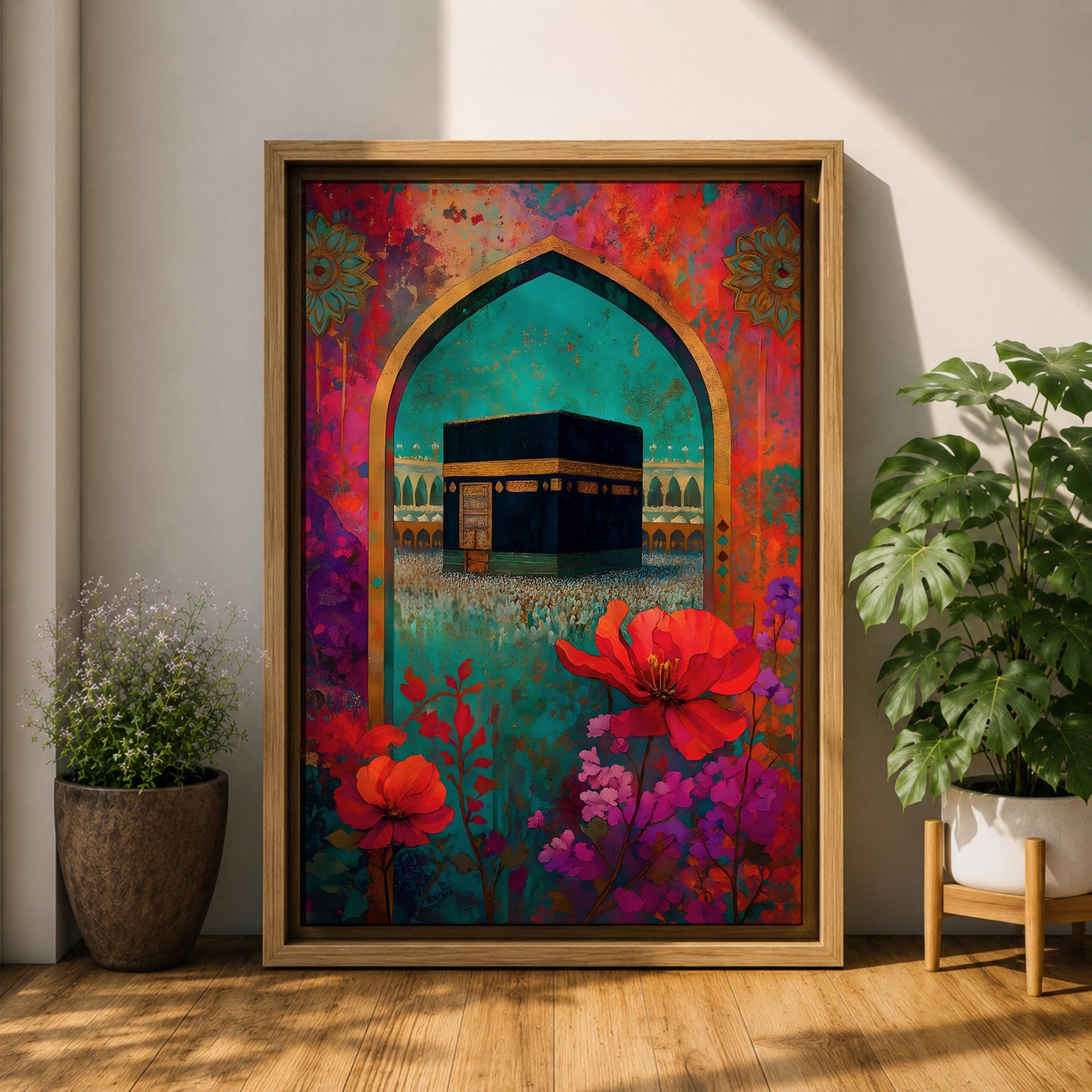 Boho-style artwork of the Kaaba at Masjid al-Haram framed by a decorative Islamic archway with vibrant flowers and rich jewel-toned colors.