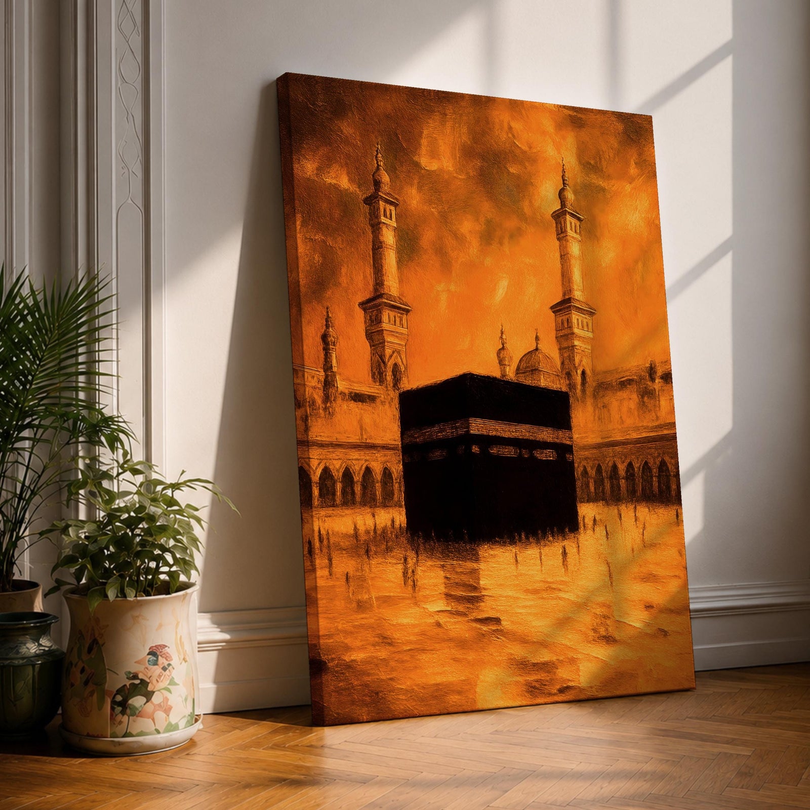Vintage-style painting of the Kaaba at Masjid al-Haram in Mecca with glowing golden sunset sky and mosque minarets reflected on the courtyard floor.