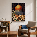 Artwork of the Dome of the Rock in Jerusalem with glowing golden dome at night surrounded by delicate white flowers.