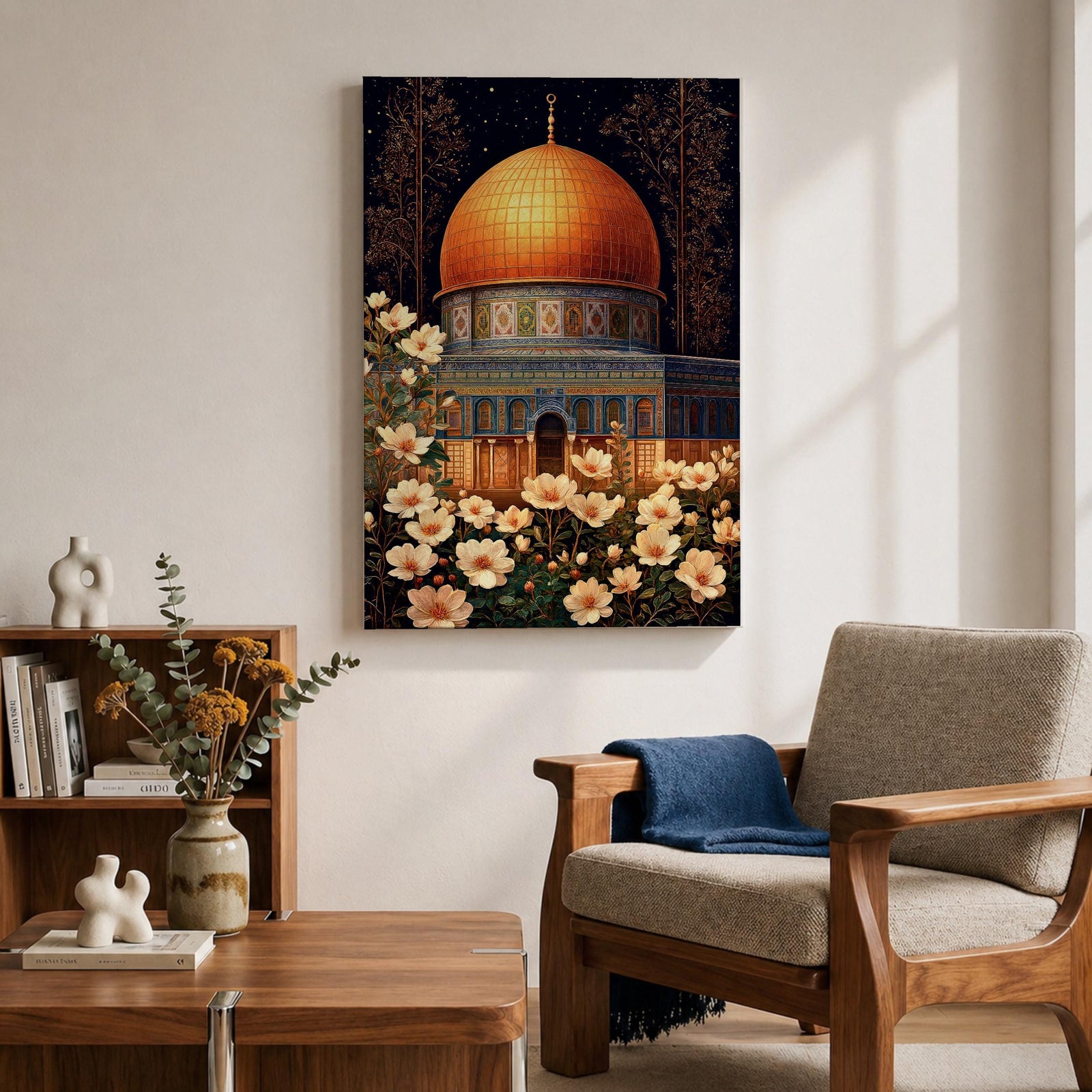 Artwork of the Dome of the Rock in Jerusalem with glowing golden dome at night surrounded by delicate white flowers.
