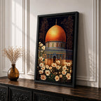 Artwork of the Dome of the Rock in Jerusalem with glowing golden dome at night surrounded by delicate white flowers.