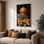 Artwork of the Dome of the Rock in Jerusalem with glowing golden dome at night surrounded by delicate white flowers.
