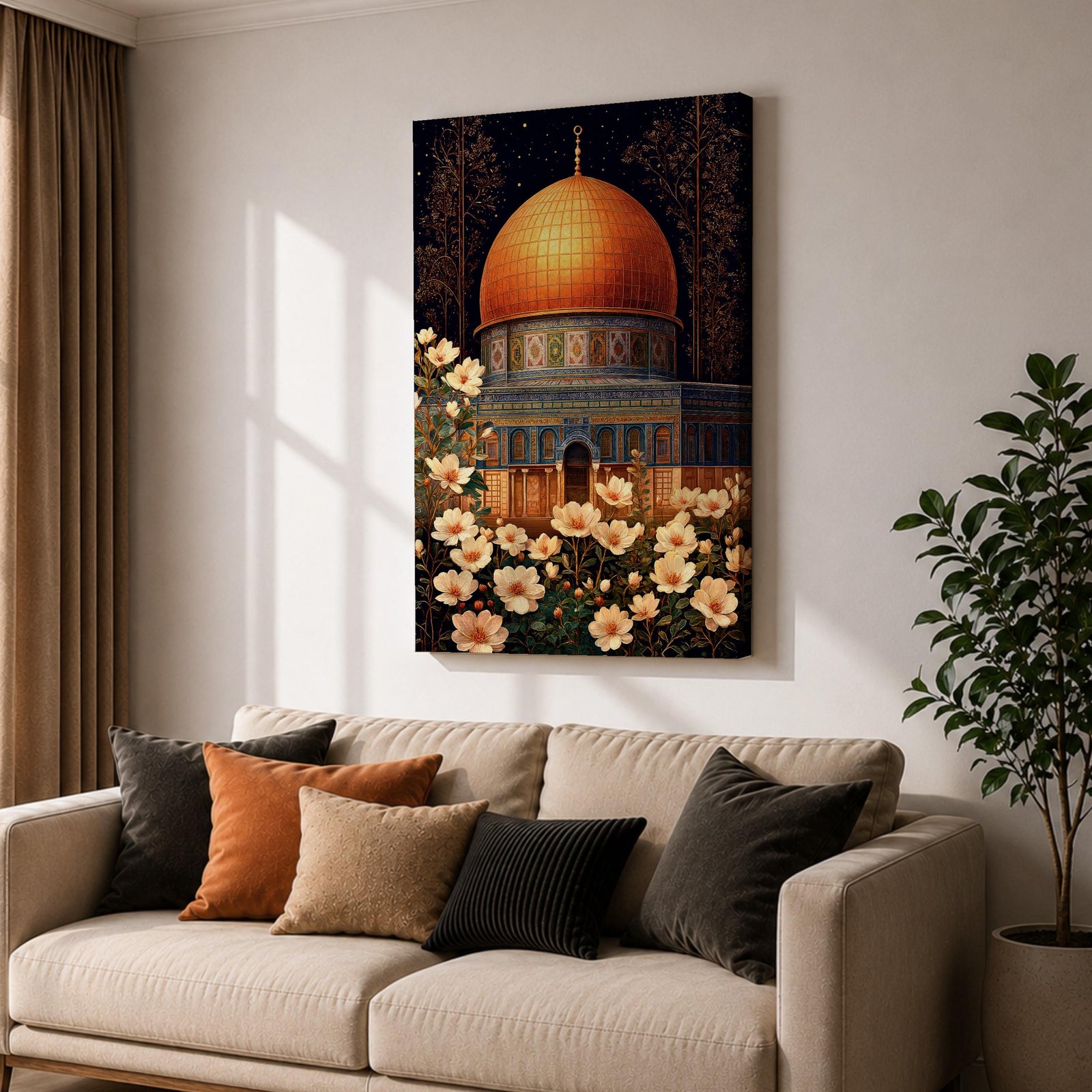 Artwork of the Dome of the Rock in Jerusalem with glowing golden dome at night surrounded by delicate white flowers.