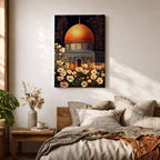 Artwork of the Dome of the Rock in Jerusalem with glowing golden dome at night surrounded by delicate white flowers.