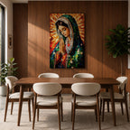 A mosaic-style artwork of the Virgin Mary depicted as a praying Madonna, featuring intricate tile-like fragments forming her serene face, hands clasped in prayer, and a radiant halo background, rendered in vibrant colors with detailed shading and a framed canvas presentation.