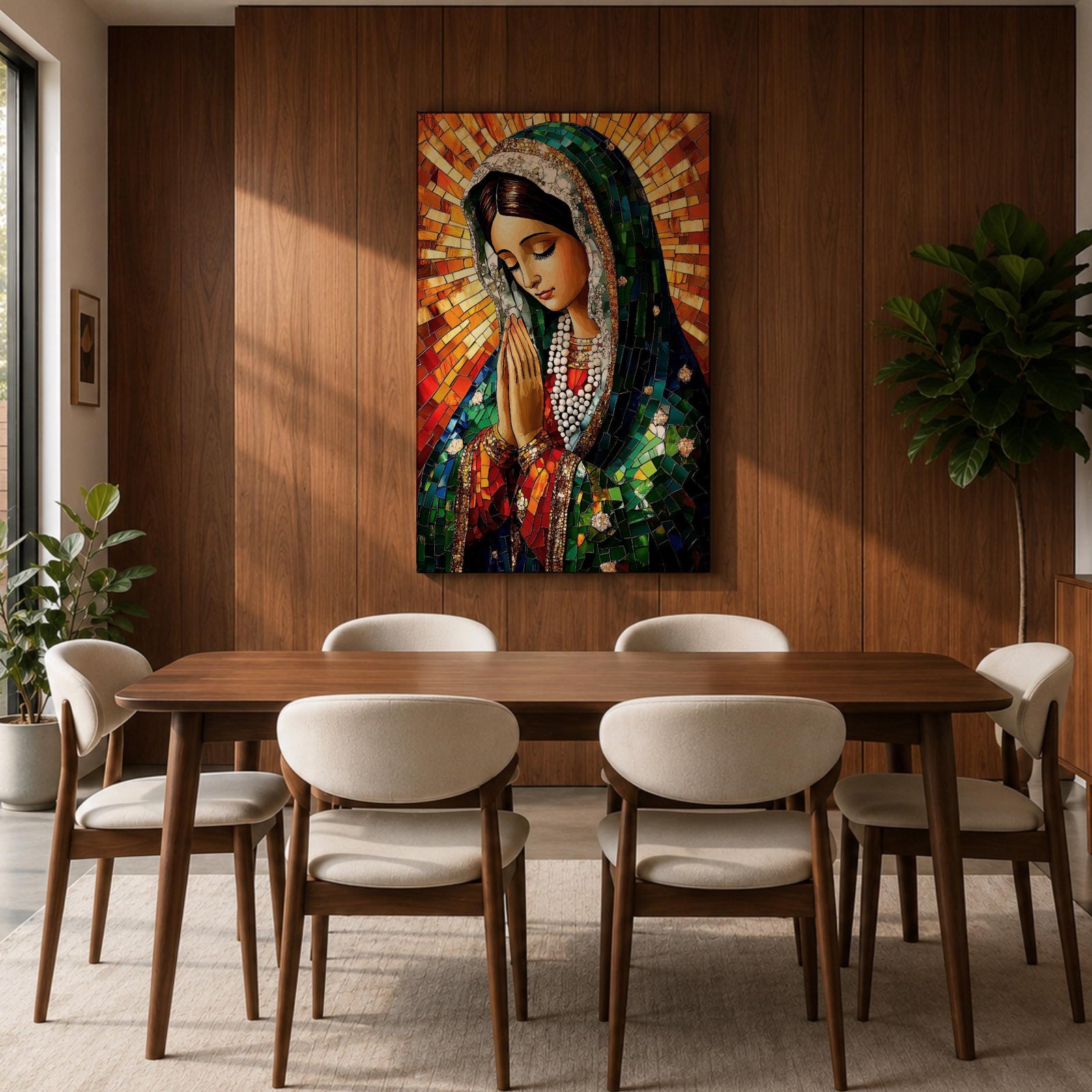 A mosaic-style artwork of the Virgin Mary depicted as a praying Madonna, featuring intricate tile-like fragments forming her serene face, hands clasped in prayer, and a radiant halo background, rendered in vibrant colors with detailed shading and a framed canvas presentation.