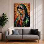 A mosaic-style artwork of the Virgin Mary depicted as a praying Madonna, featuring intricate tile-like fragments forming her serene face, hands clasped in prayer, and a radiant halo background, rendered in vibrant colors with detailed shading and a framed canvas presentation.