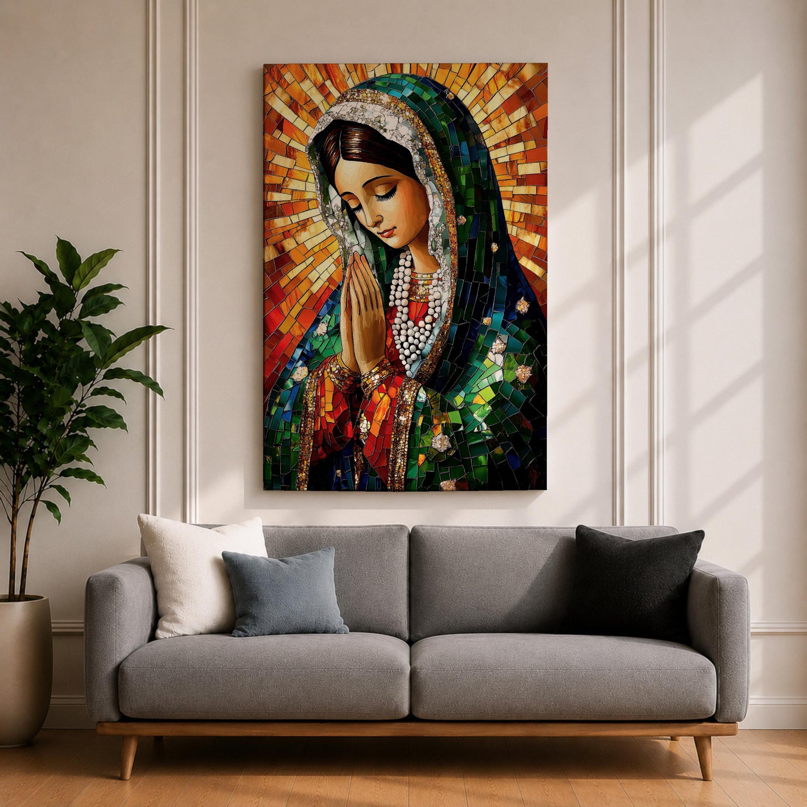 A mosaic-style artwork of the Virgin Mary depicted as a praying Madonna, featuring intricate tile-like fragments forming her serene face, hands clasped in prayer, and a radiant halo background, rendered in vibrant colors with detailed shading and a framed canvas presentation.