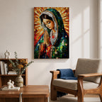 A mosaic-style artwork of the Virgin Mary depicted as a praying Madonna, featuring intricate tile-like fragments forming her serene face, hands clasped in prayer, and a radiant halo background, rendered in vibrant colors with detailed shading and a framed canvas presentation.
