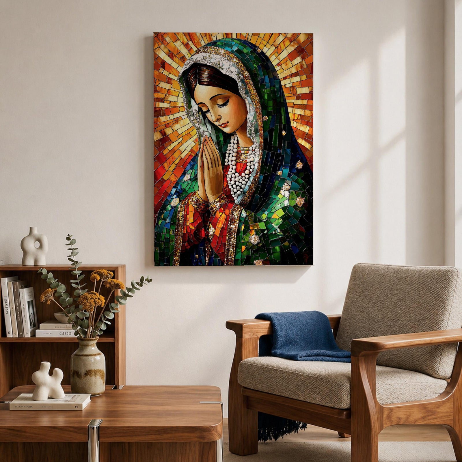A mosaic-style artwork of the Virgin Mary depicted as a praying Madonna, featuring intricate tile-like fragments forming her serene face, hands clasped in prayer, and a radiant halo background, rendered in vibrant colors with detailed shading and a framed canvas presentation.