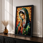 A mosaic-style artwork of the Virgin Mary depicted as a praying Madonna, featuring intricate tile-like fragments forming her serene face, hands clasped in prayer, and a radiant halo background, rendered in vibrant colors with detailed shading and a framed canvas presentation.