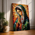 A mosaic-style artwork of the Virgin Mary depicted as a praying Madonna, featuring intricate tile-like fragments forming her serene face, hands clasped in prayer, and a radiant halo background, rendered in vibrant colors with detailed shading and a framed canvas presentation.