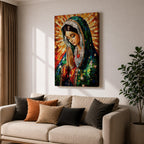 A mosaic-style artwork of the Virgin Mary depicted as a praying Madonna, featuring intricate tile-like fragments forming her serene face, hands clasped in prayer, and a radiant halo background, rendered in vibrant colors with detailed shading and a framed canvas presentation.