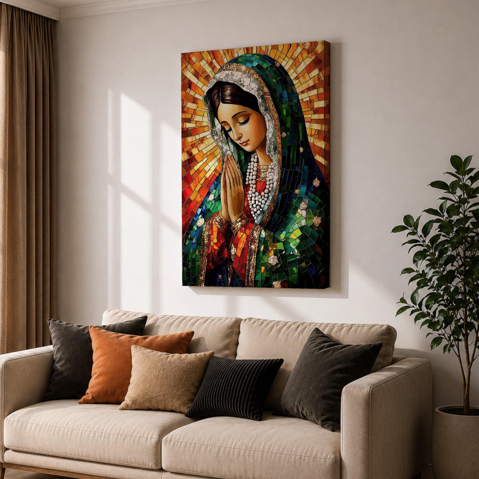 A mosaic-style artwork of the Virgin Mary depicted as a praying Madonna, featuring intricate tile-like fragments forming her serene face, hands clasped in prayer, and a radiant halo background, rendered in vibrant colors with detailed shading and a framed canvas presentation.