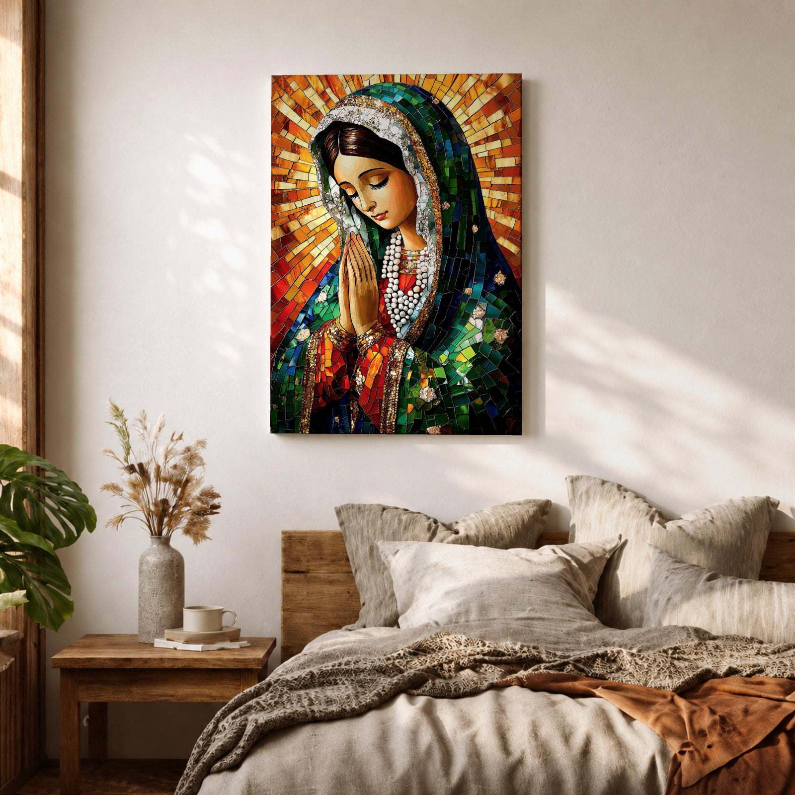 A mosaic-style artwork of the Virgin Mary depicted as a praying Madonna, featuring intricate tile-like fragments forming her serene face, hands clasped in prayer, and a radiant halo background, rendered in vibrant colors with detailed shading and a framed canvas presentation.