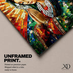 A mosaic-style artwork of the Virgin Mary depicted as a praying Madonna, featuring intricate tile-like fragments forming her serene face, hands clasped in prayer, and a radiant halo background, rendered in vibrant colors with detailed shading and a framed canvas presentation.