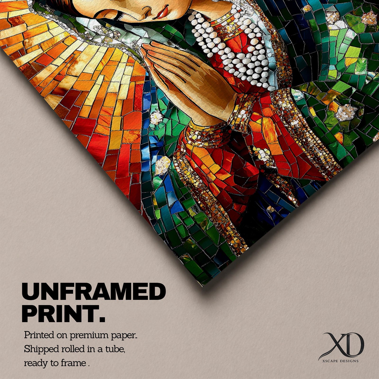 A mosaic-style artwork of the Virgin Mary depicted as a praying Madonna, featuring intricate tile-like fragments forming her serene face, hands clasped in prayer, and a radiant halo background, rendered in vibrant colors with detailed shading and a framed canvas presentation.