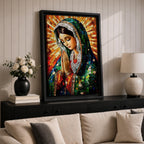 A mosaic-style artwork of the Virgin Mary depicted as a praying Madonna, featuring intricate tile-like fragments forming her serene face, hands clasped in prayer, and a radiant halo background, rendered in vibrant colors with detailed shading and a framed canvas presentation.