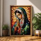 A mosaic-style artwork of the Virgin Mary depicted as a praying Madonna, featuring intricate tile-like fragments forming her serene face, hands clasped in prayer, and a radiant halo background, rendered in vibrant colors with detailed shading and a framed canvas presentation.