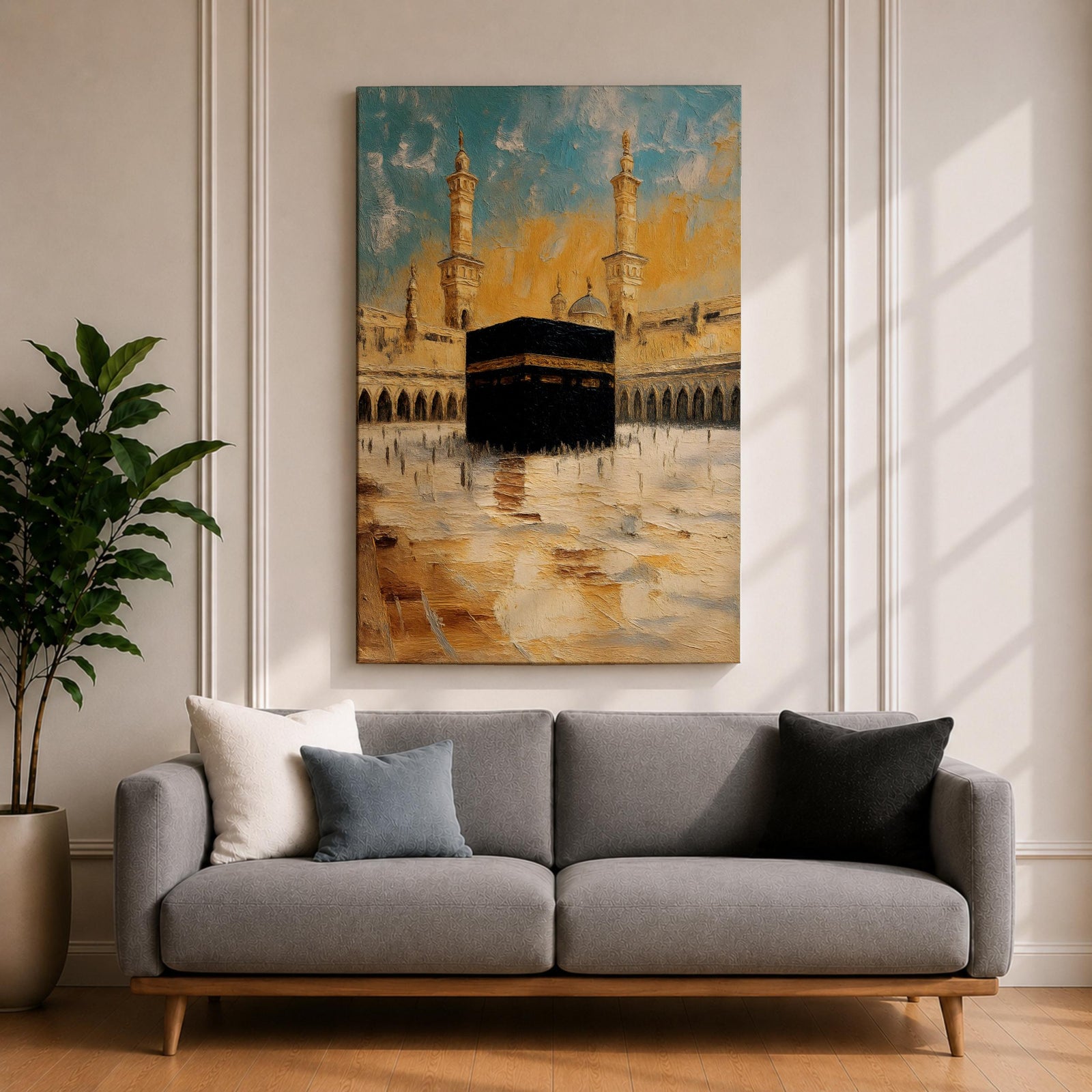 Impressionist-style painting of the Kaaba at Masjid al-Haram in Mecca with warm golden tones and soft textured brush strokes.