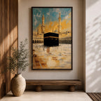 Impressionist-style painting of the Kaaba at Masjid al-Haram in Mecca with warm golden tones and soft textured brush strokes.