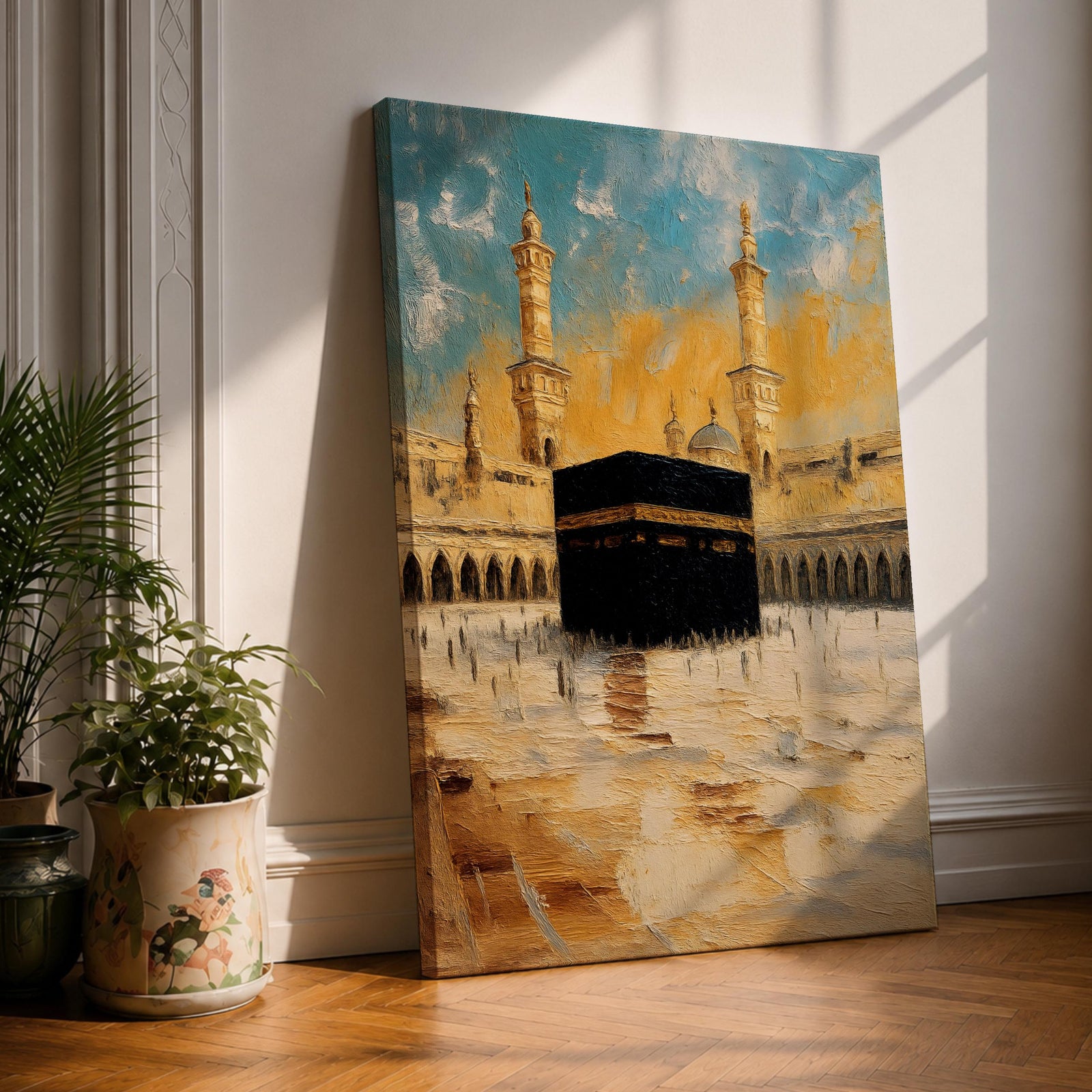 Impressionist-style painting of the Kaaba at Masjid al-Haram in Mecca with warm golden tones and soft textured brush strokes.