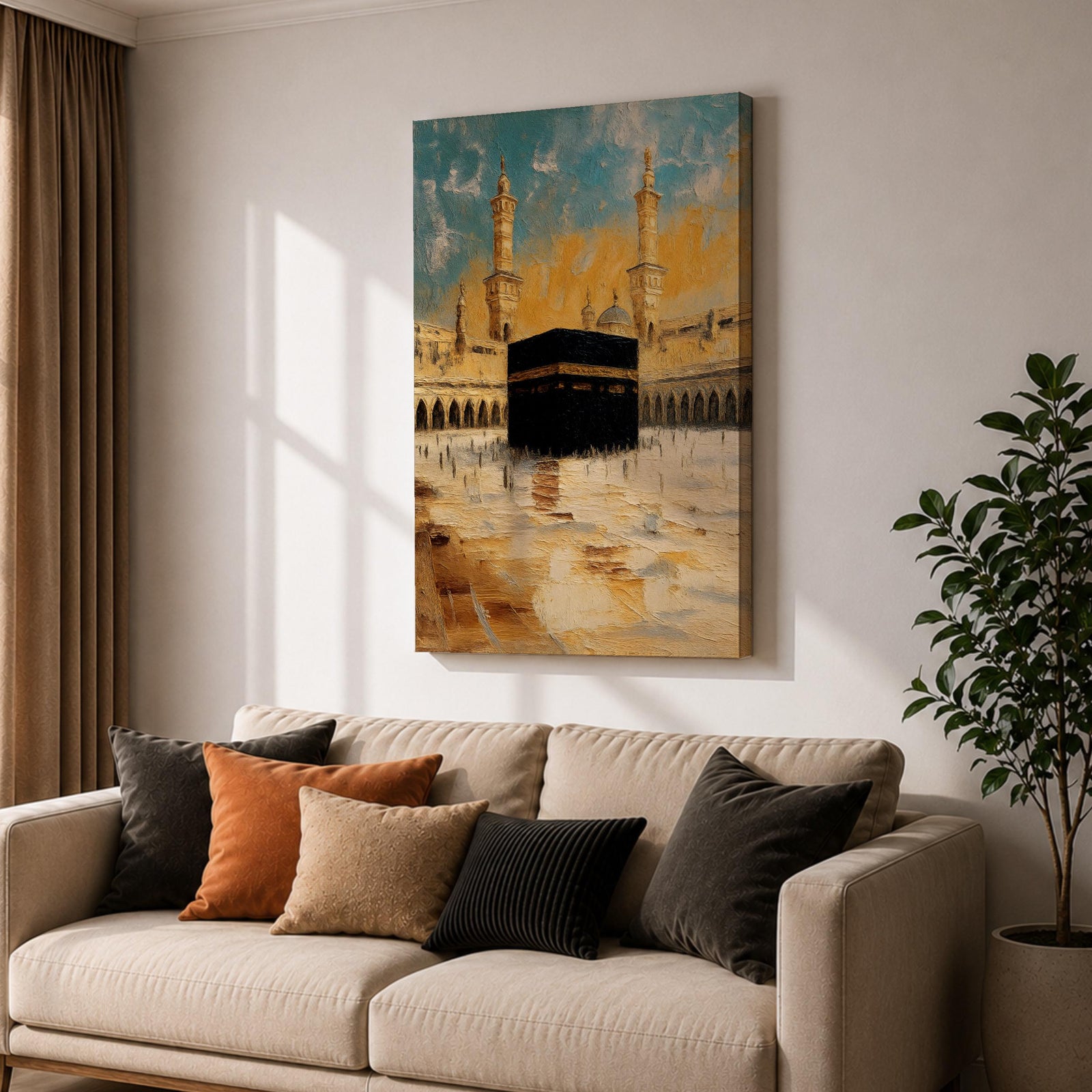 Impressionist-style painting of the Kaaba at Masjid al-Haram in Mecca with warm golden tones and soft textured brush strokes.