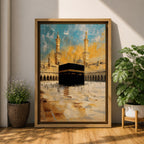 Impressionist-style painting of the Kaaba at Masjid al-Haram in Mecca with warm golden tones and soft textured brush strokes.