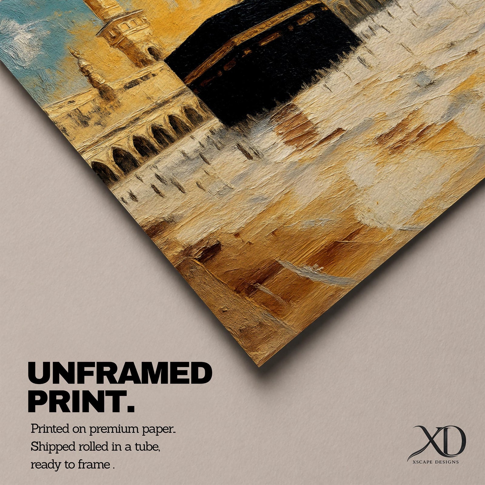 Impressionist-style painting of the Kaaba at Masjid al-Haram in Mecca with warm golden tones and soft textured brush strokes.