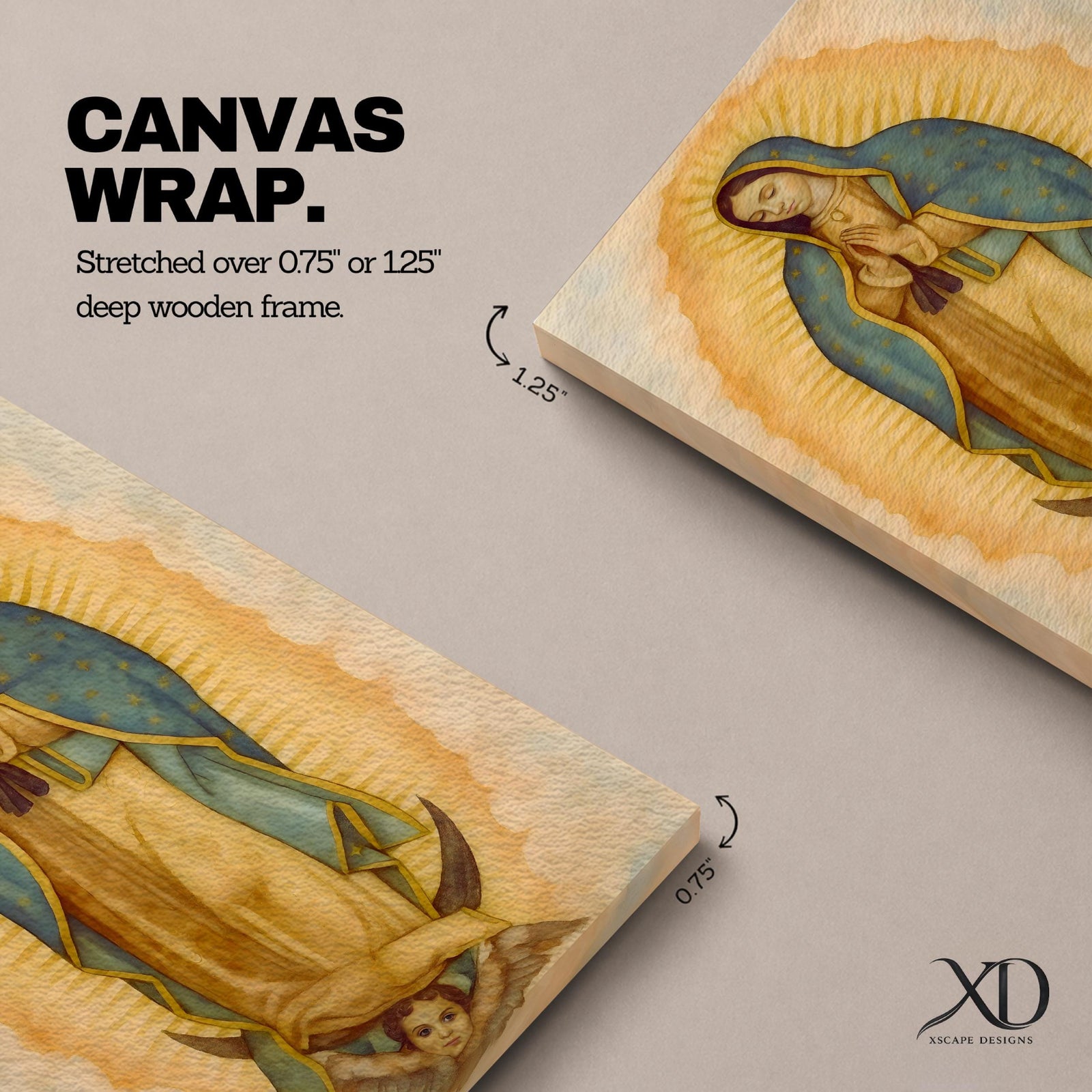 A framed vintage-style depiction of Our Lady of Guadalupe showing the Virgin Mary with hands clasped in prayer, surrounded by a glowing aura and standing on a crescent moon held by an angelic cherub, rendered with soft, aged textures and warm tones.