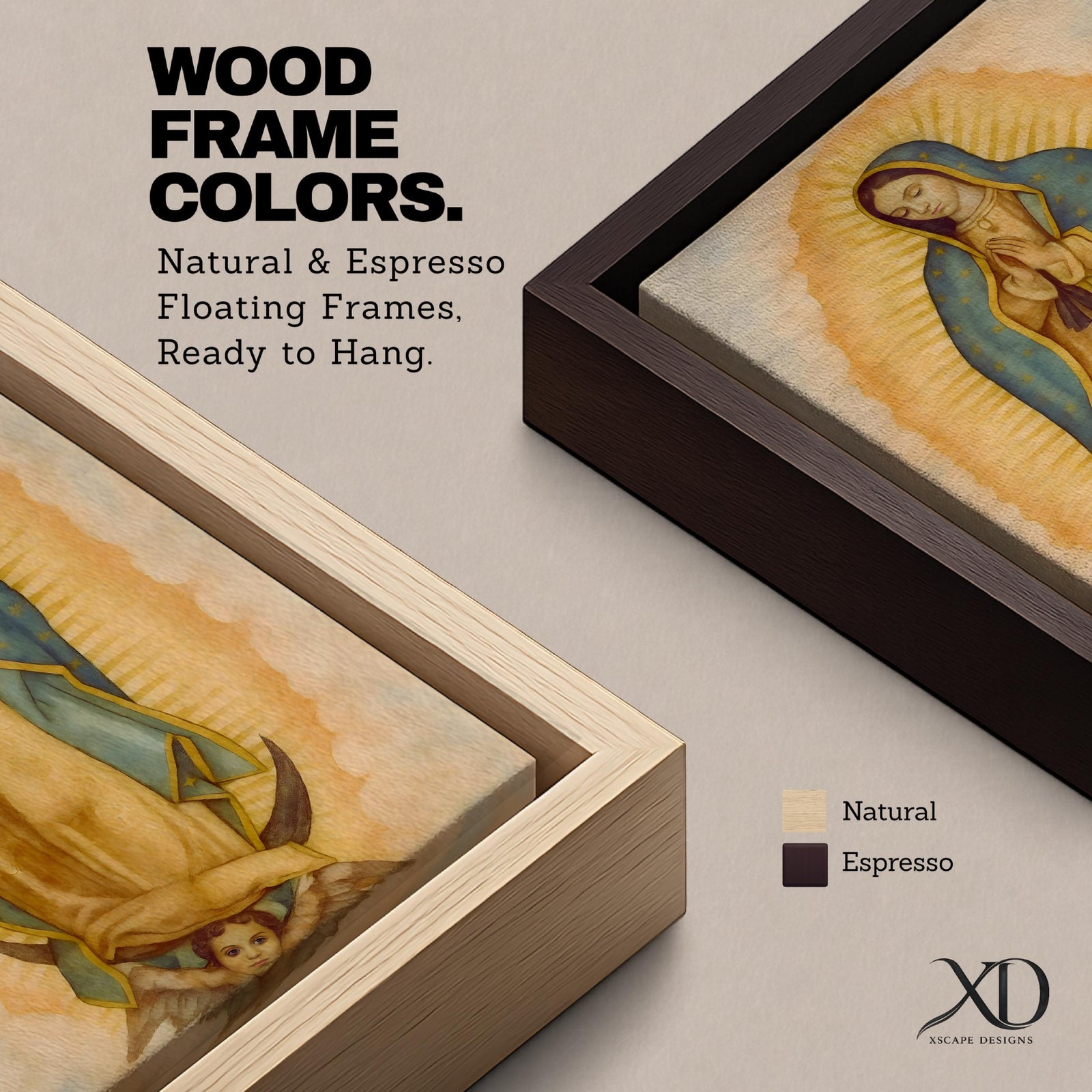 A framed vintage-style depiction of Our Lady of Guadalupe showing the Virgin Mary with hands clasped in prayer, surrounded by a glowing aura and standing on a crescent moon held by an angelic cherub, rendered with soft, aged textures and warm tones.
