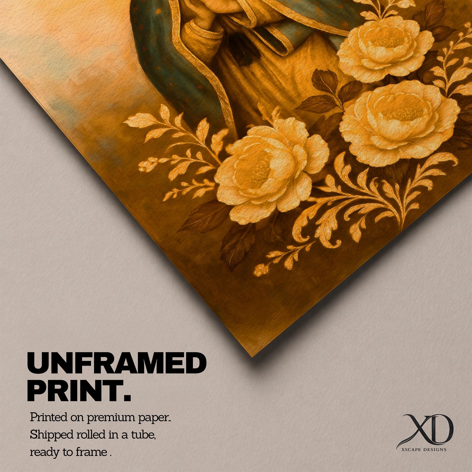 A vintage-style framed canvas depicting Our Lady of Guadalupe with her hands folded in prayer, wearing a blue mantle with gold trim, surrounded by large floral motifs. The artwork captures the traditional Catholic iconography with soft, warm tones and detailed floral decoration below the figure.