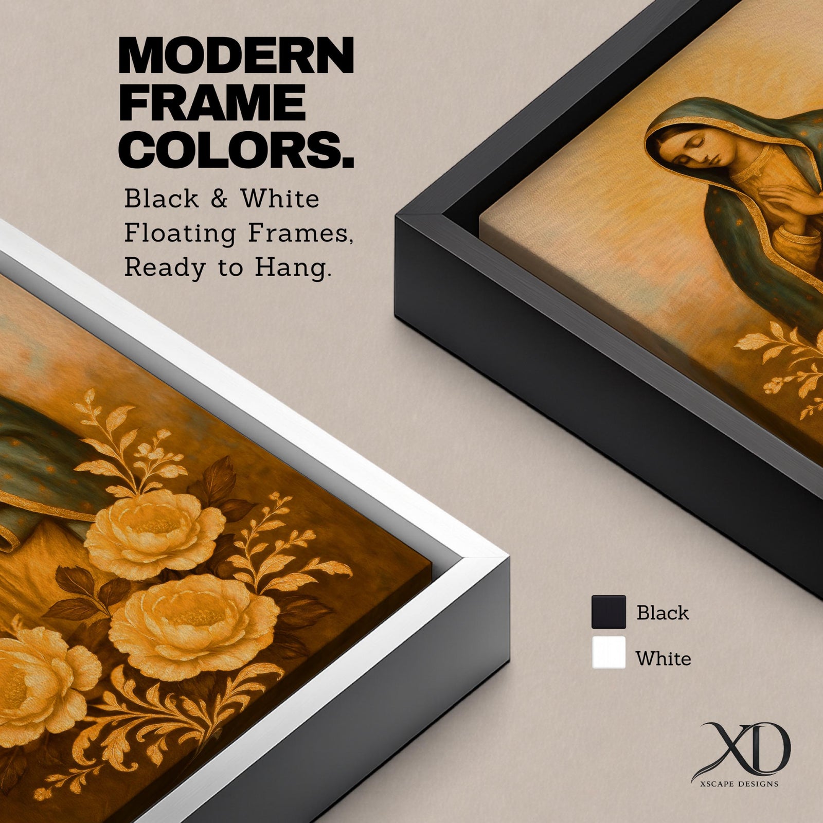 A vintage-style framed canvas depicting Our Lady of Guadalupe with her hands folded in prayer, wearing a blue mantle with gold trim, surrounded by large floral motifs. The artwork captures the traditional Catholic iconography with soft, warm tones and detailed floral decoration below the figure.